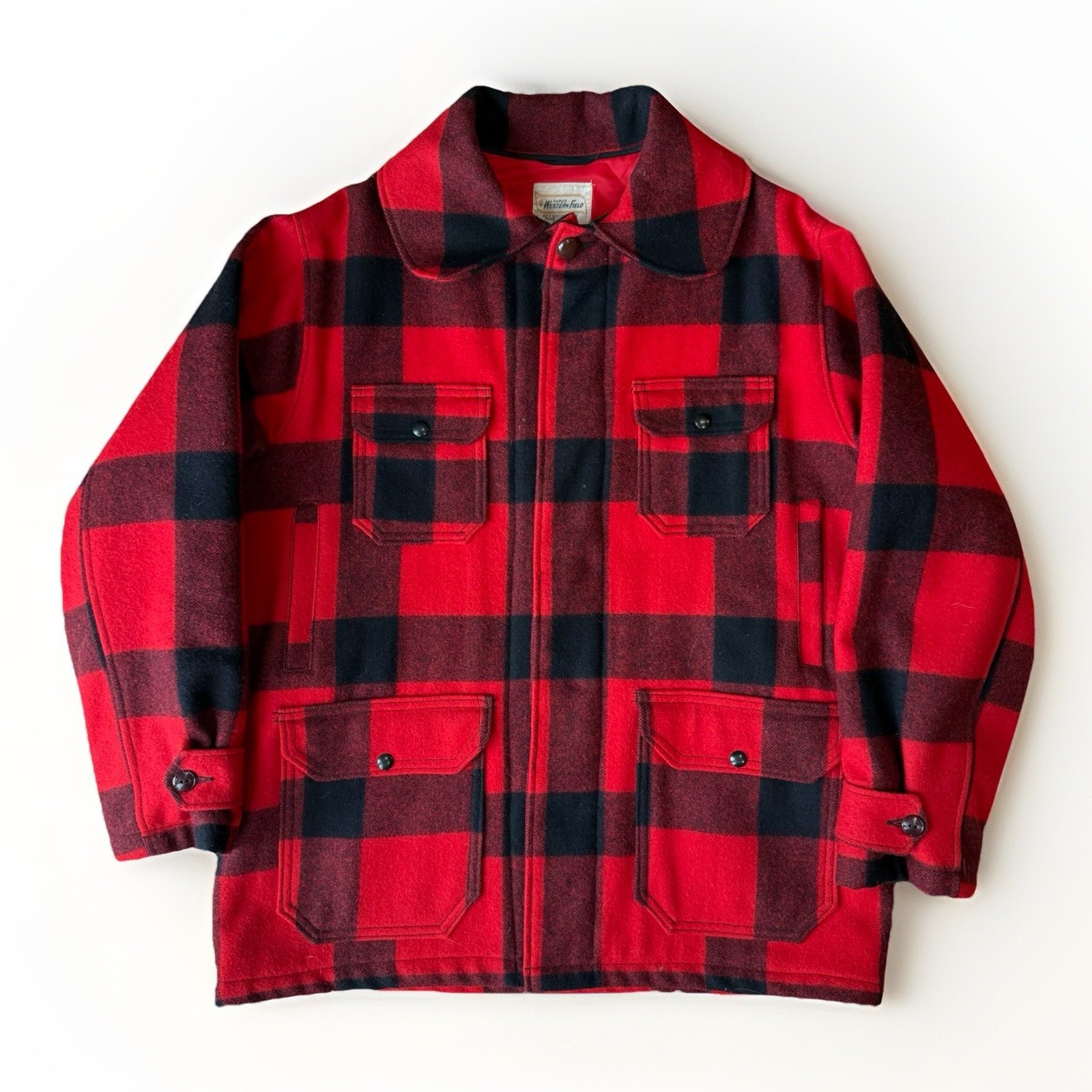 Vintage Wards Western Buffalo Plaid Wool Coat 44 Red Black 70s Usa Mackinaw